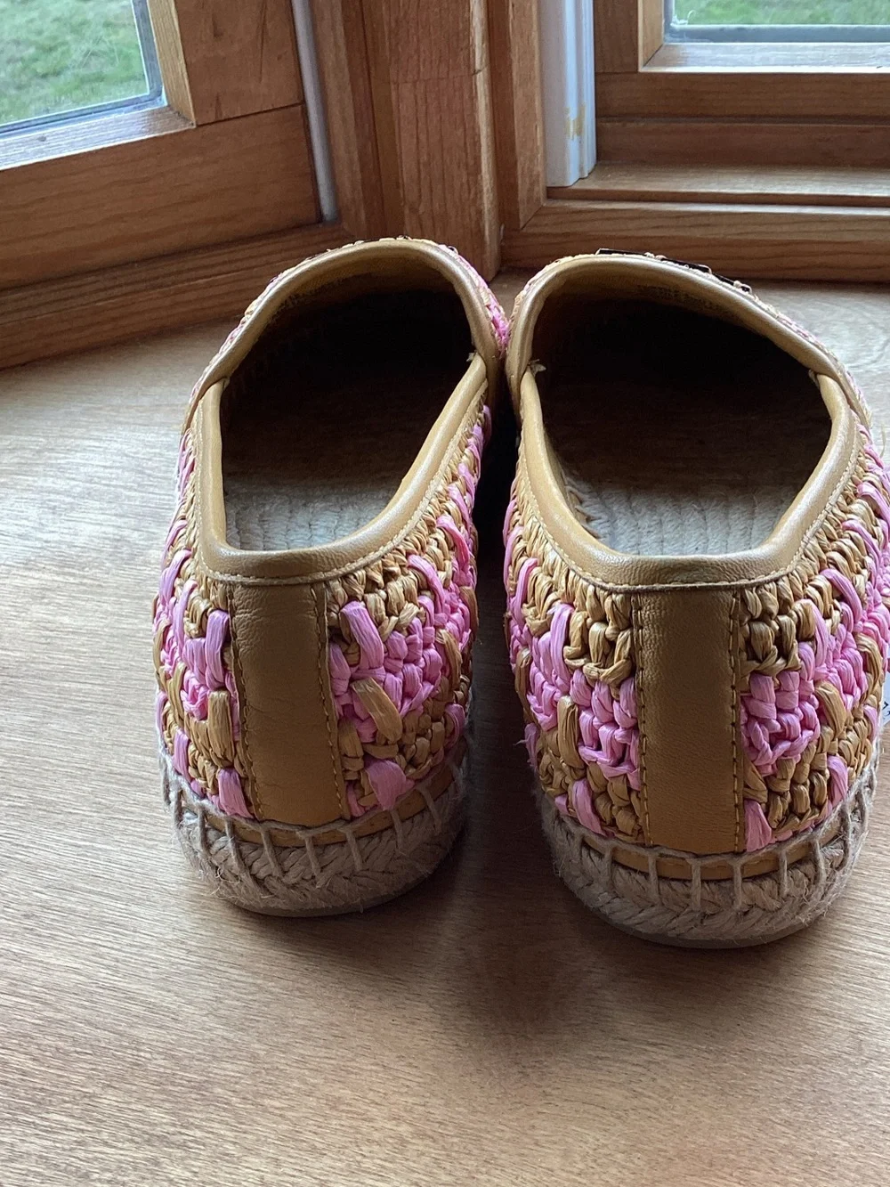 Tory Burch Pink and Natural Woven Espadrille Loafers with Logo Plaque